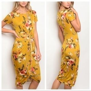 👩🏼‍💻💼 Yellow Floral Jersey Bodycon Ruched Midi Dress